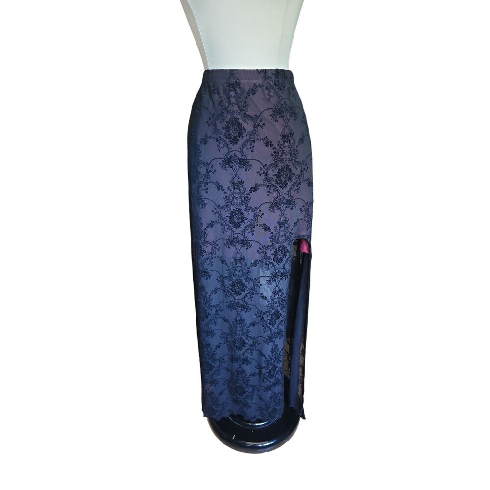 Cider Velvet Mesh Flocked Floral Maxi Skirt Women 2X Black Vampy Whimsigoth Lace
